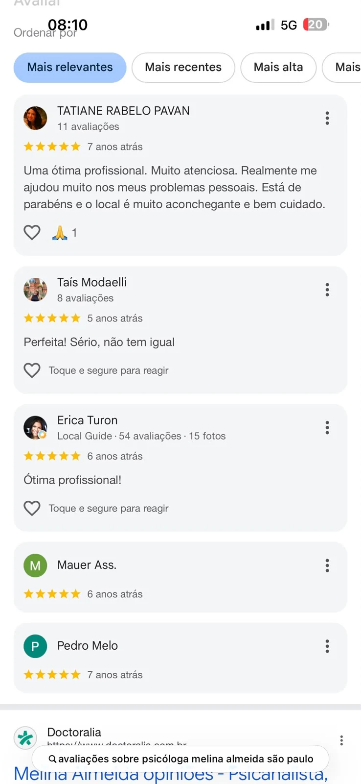 Captura de avaliações públicas sobre o atendimento profissional de Melina Almeida